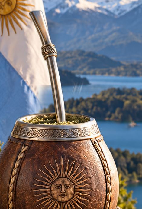 Leather mate gourd with an engraved sun
